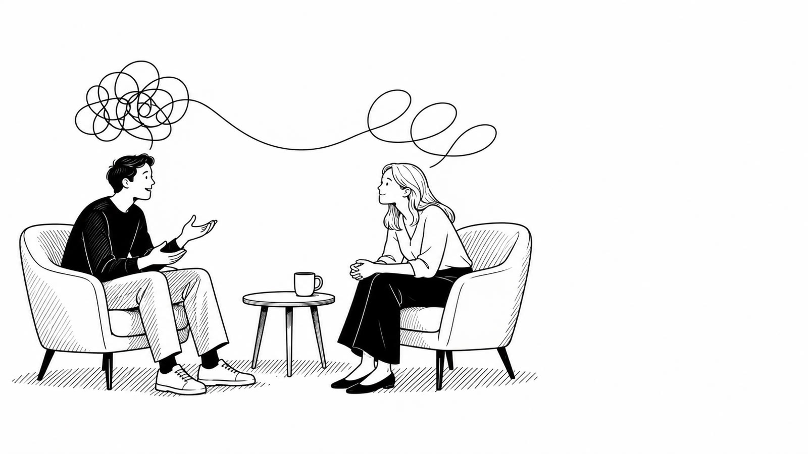 Illustration of two people in armchairs having a counselling conversation